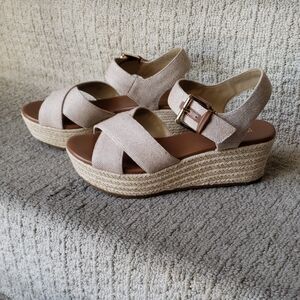 Womens Beige Espadrille Platform Sandals with Buckle
